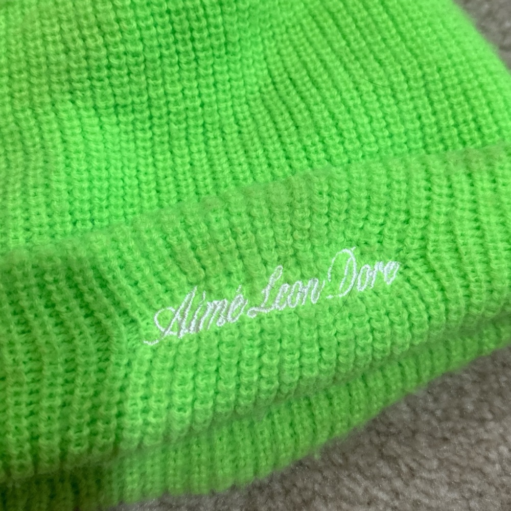 Aime Leon Dore Neon Green Cuffed Knit Beanie with White Script